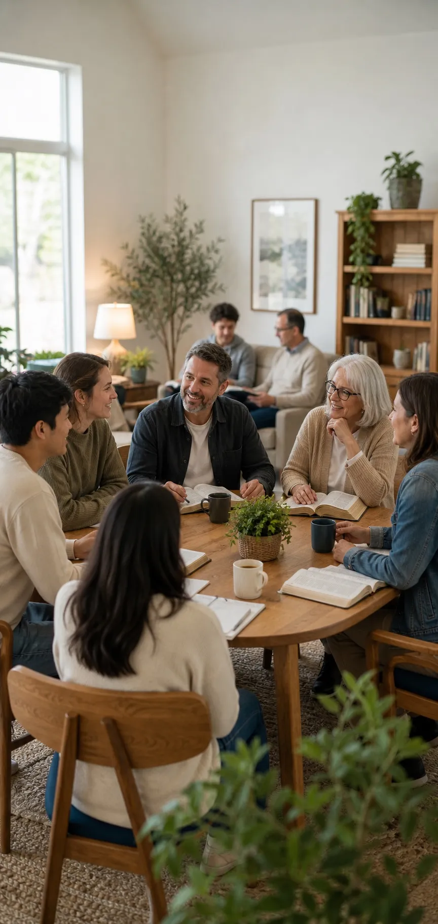 A multigenerational group gathered around a table for a learning conversation