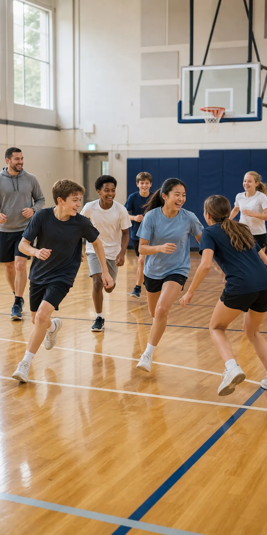 Early high school students laughing while playing a youth group game on a basketball court